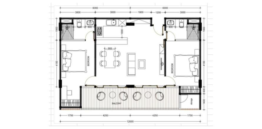 Планировка Квартиры «2 BDR Plan The Umalas Signature» с 2 спальнями в ЖК The Umalas Signature